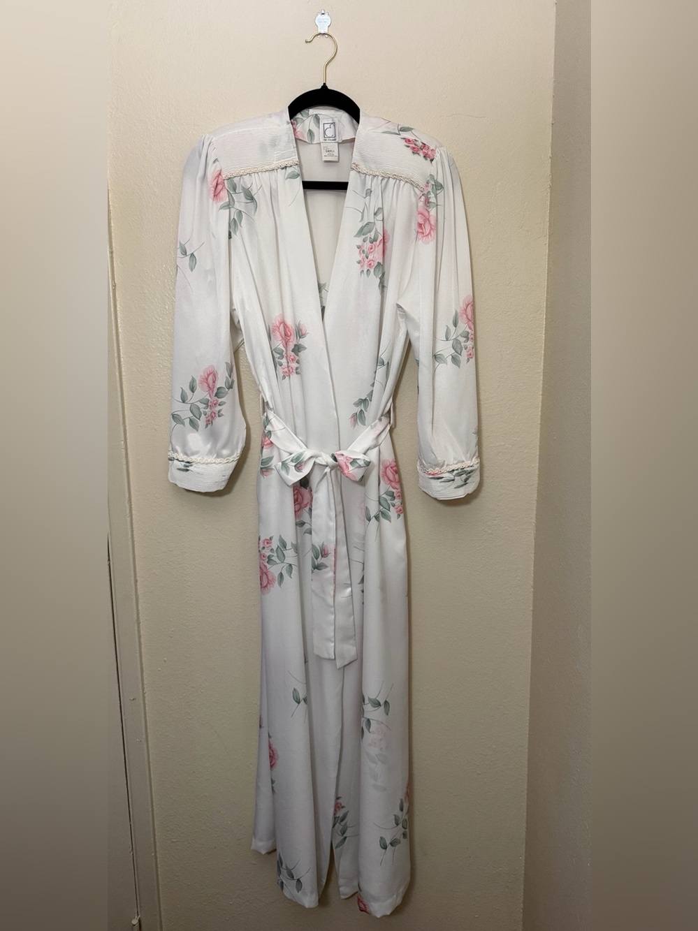 Eve Stillman Elegant Vintage Floral Satin Long Robe - Pink Rose Print Size S
